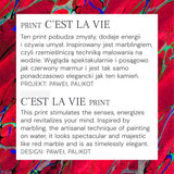 C’EST LA VIE print – czerwony marmur z niebiesko-zielonymi żyłkami, inspirowany techniką marbling, projekt Paweł Palikot