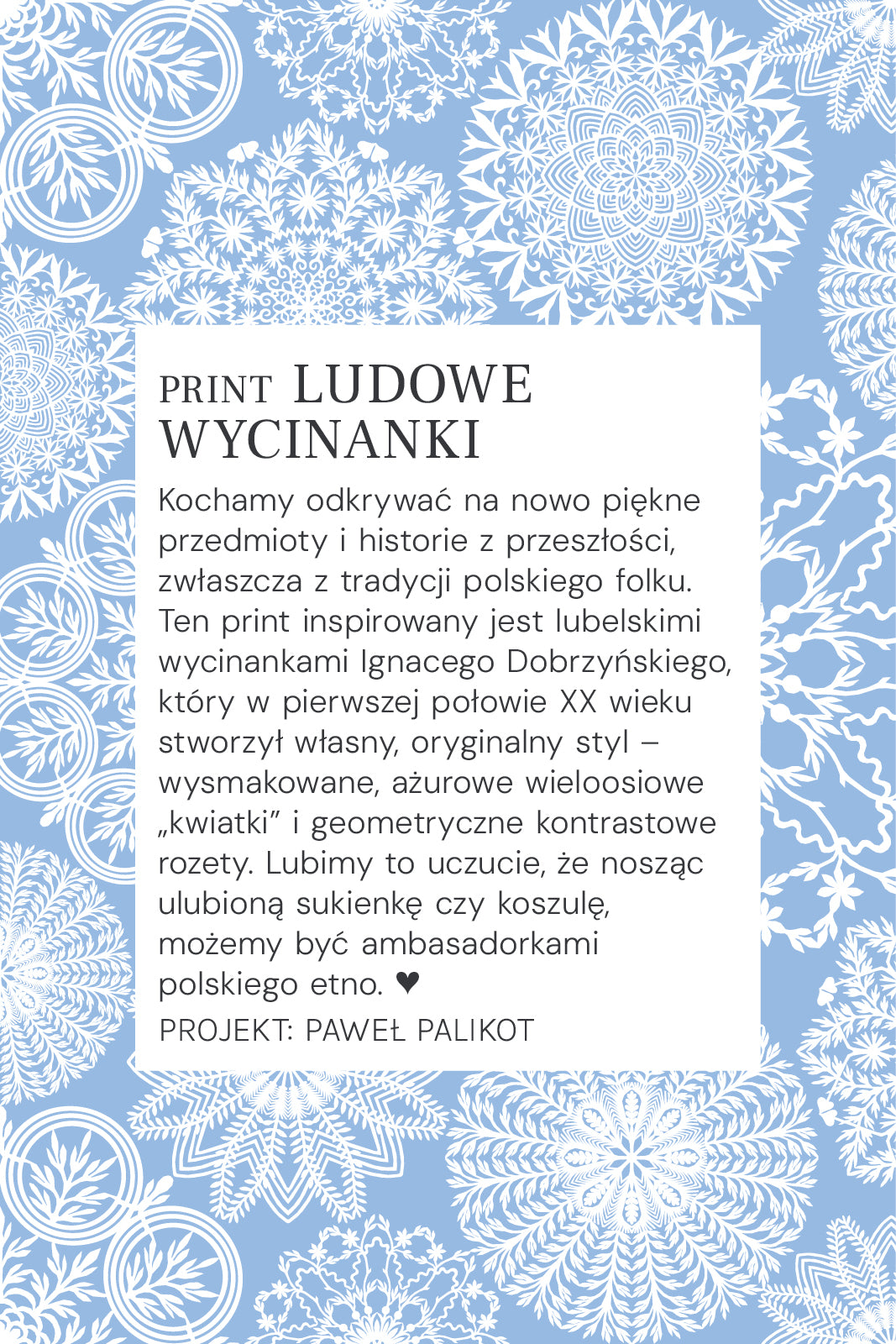 Print Ludowe Wycinanki – polski folkowy wzór w biało-niebieskich kolorach, inspirowany tradycją etnograficzną
