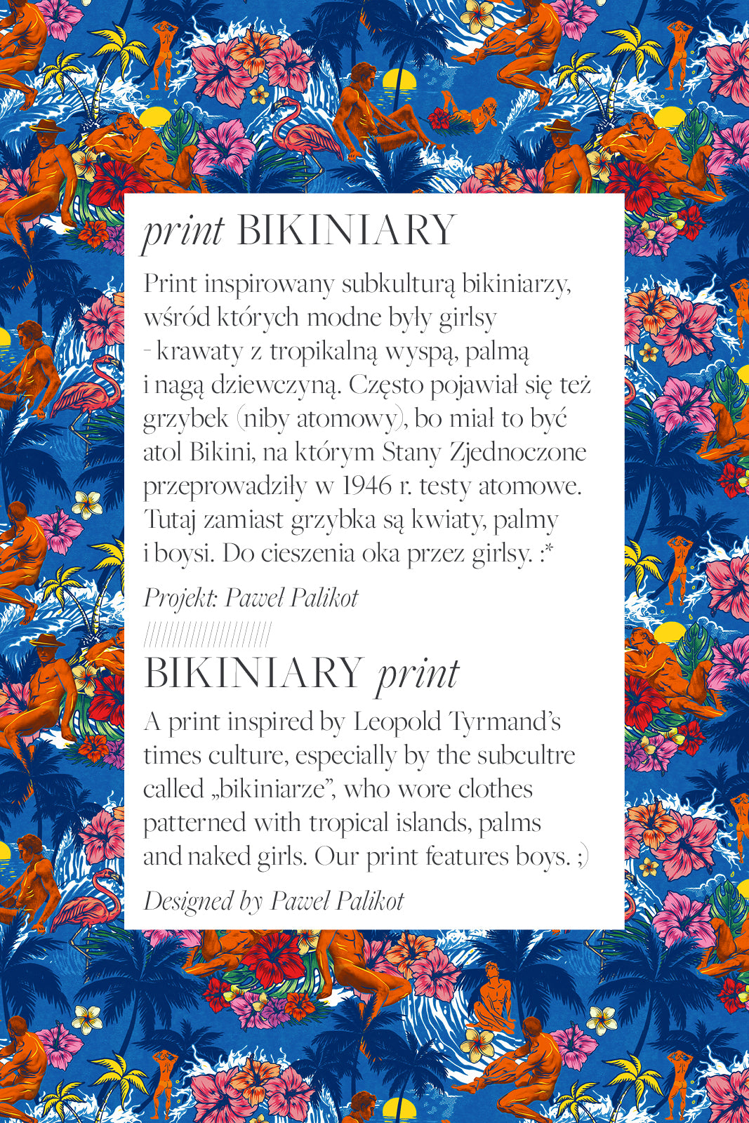 Kolorowy print BIKINIARY z palmami, kwiatami i postaciami na tle tropikalnej wyspy – inspiracja subkulturą bikiniarzy