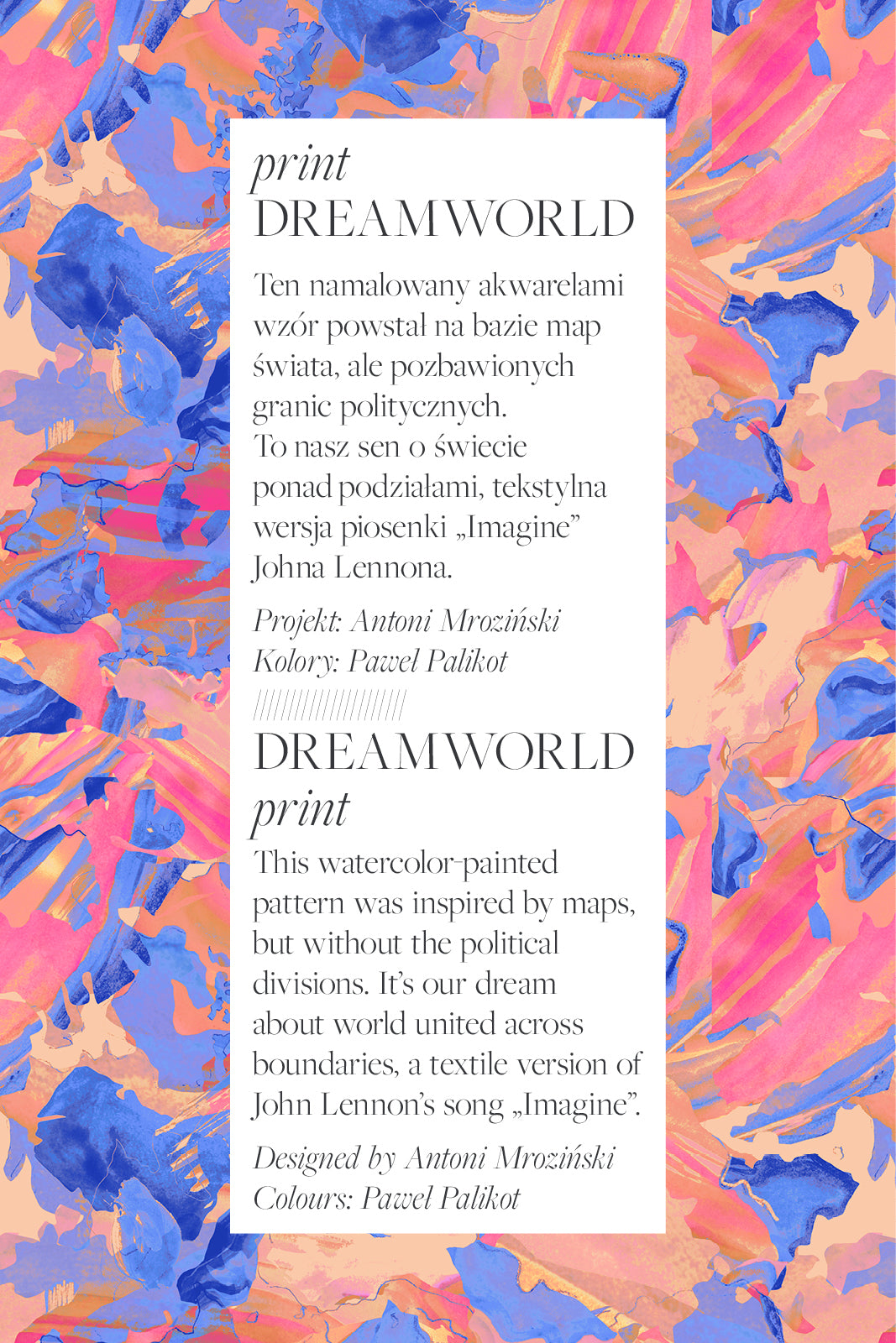 Wzór akwarelowy DREAMWORLD inspirowany mapami świata i piosenką Imagine Johna Lennona