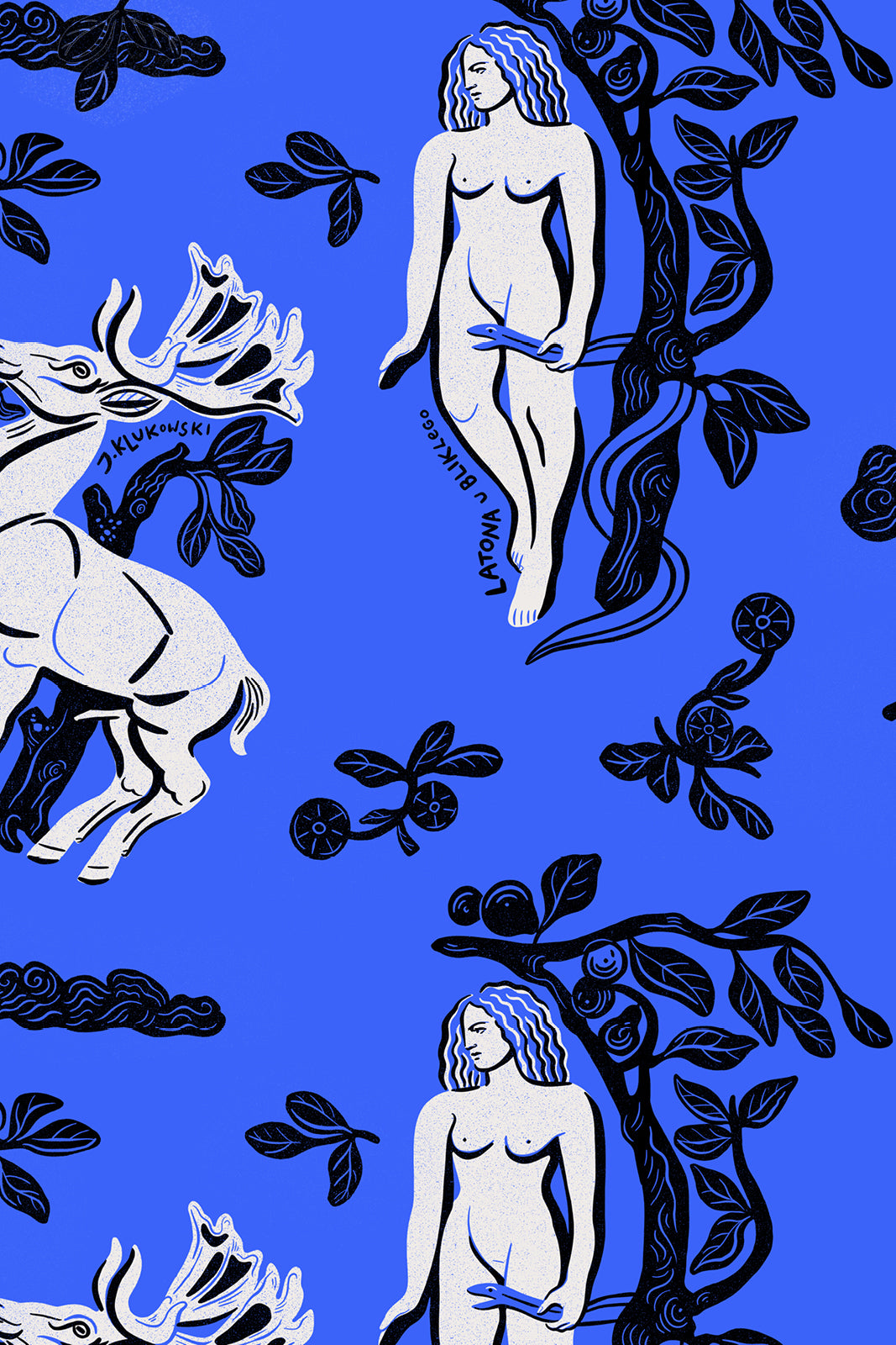 Ilustracja z kobietą i jeleniem na niebieskim tle, motyw artystyczny dla odzieży damska