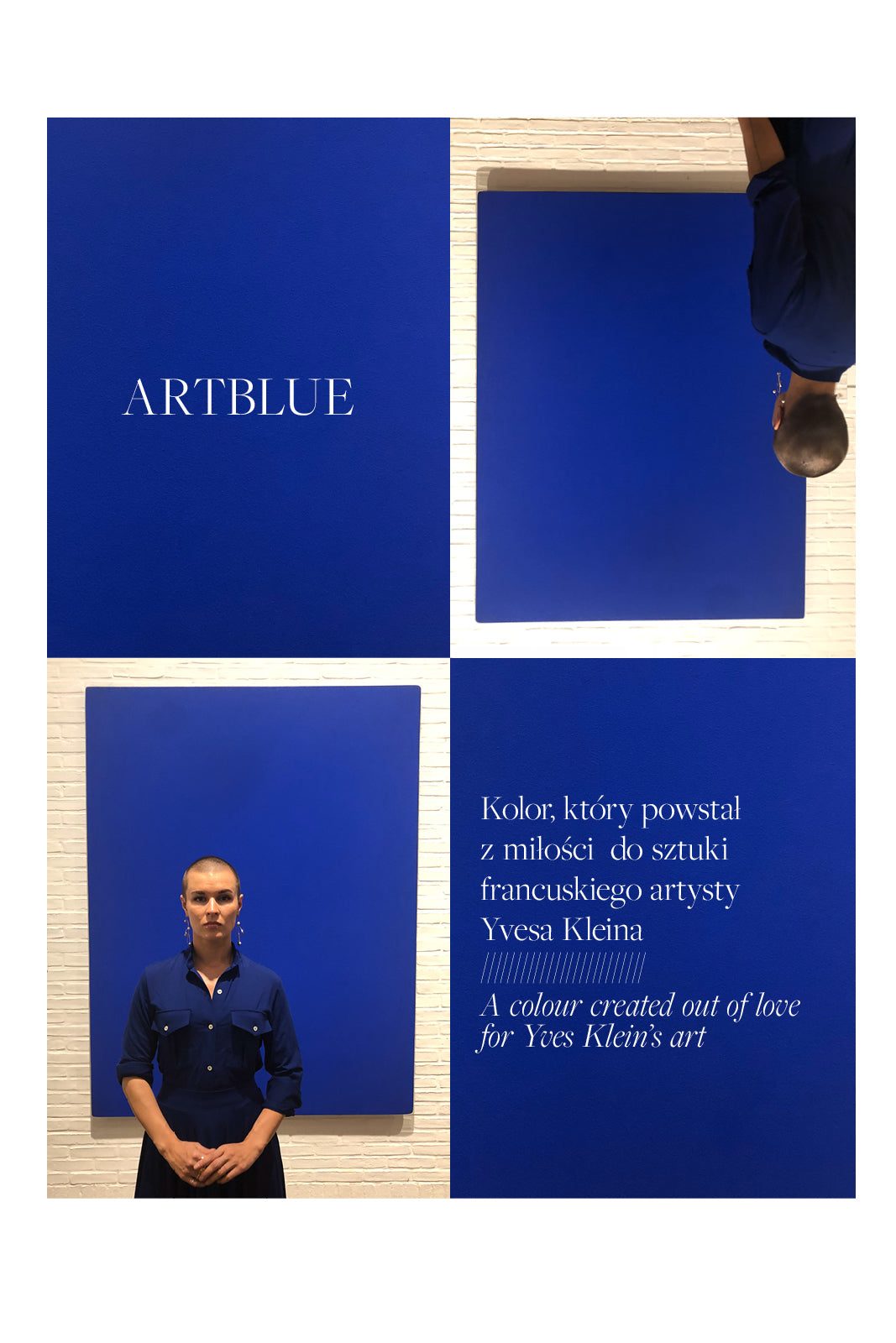Kobieta w niebieskiej sukience przed obrazem ARTBLUE, inspirowanym sztuką Yvesa Kleina