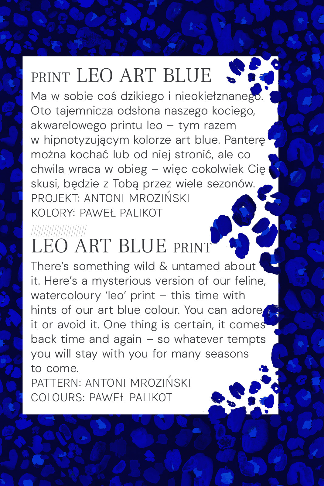 Niebieski print leo art blue – dziki, akwarelowy wzór w odcieniach art blue, projekt Antoni Mroziński