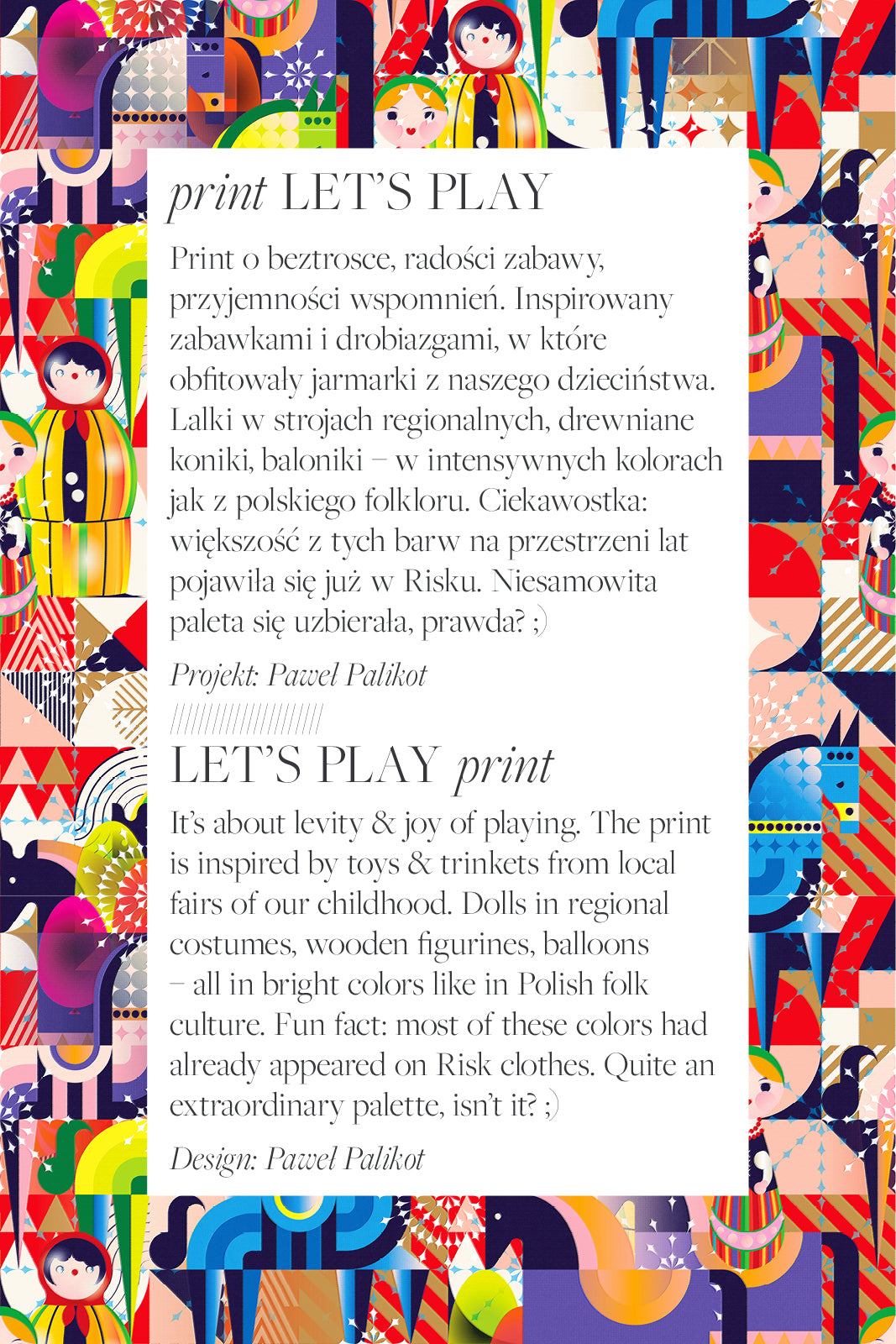 Kolorowy print LET'S PLAY inspirowany polskim folklorem, lalkami i zabawkami dziecięcymi – idealny na sukienki i ubrania.