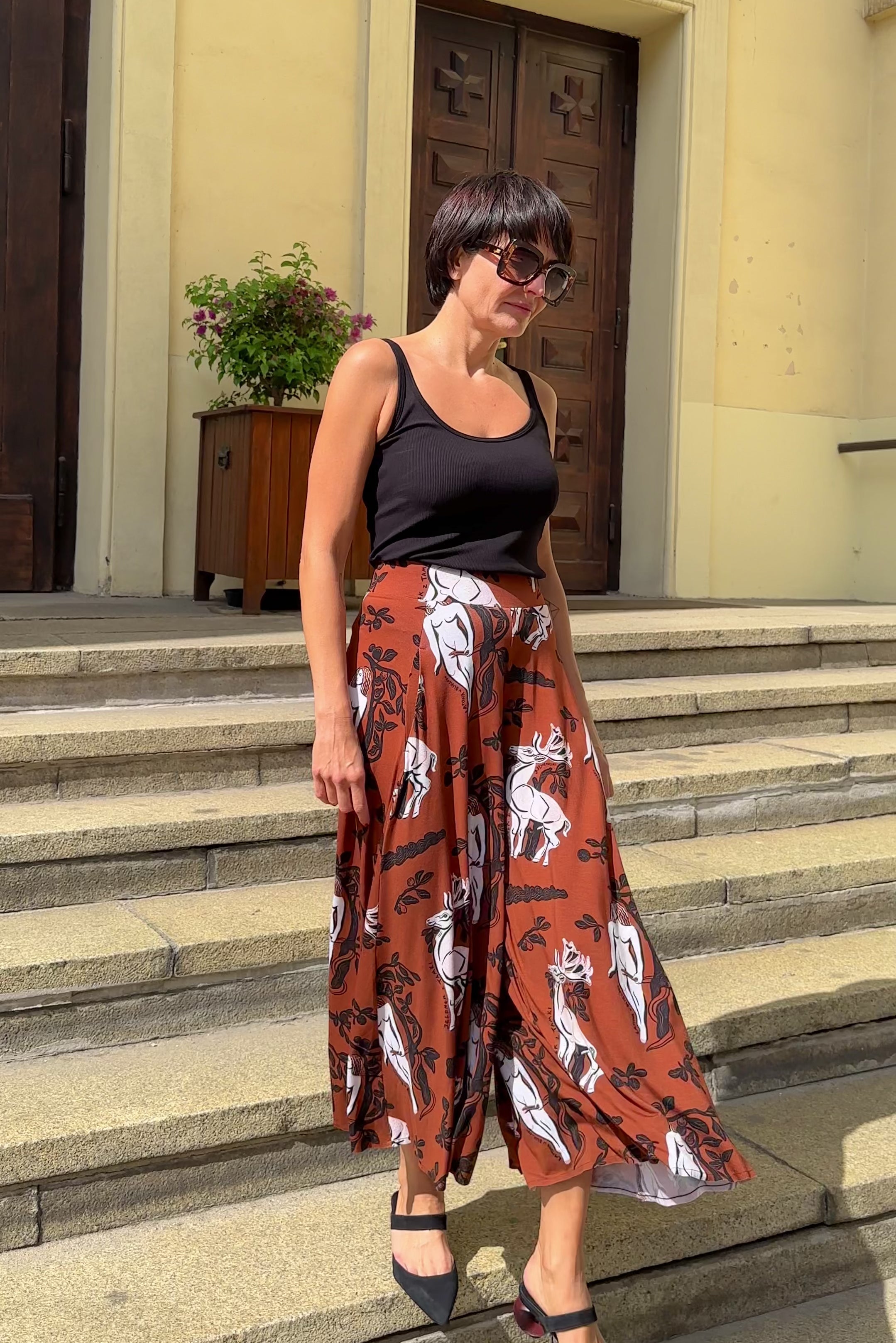 Spodnie PRIMAVERY KULOTY print Latona i Jelonek ziemia